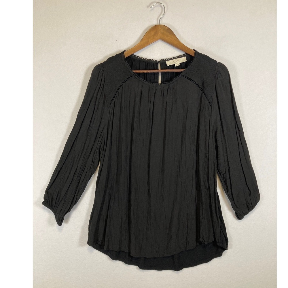 Boho Chic LOFT Women Large Black Crochet Trim Crinkle Rayon 3/4 Sleeve Blouse